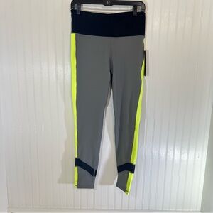 NWT Mono B Women’s Leggings Gray and Neon Yellow w/ Back Zip Pocket Size L